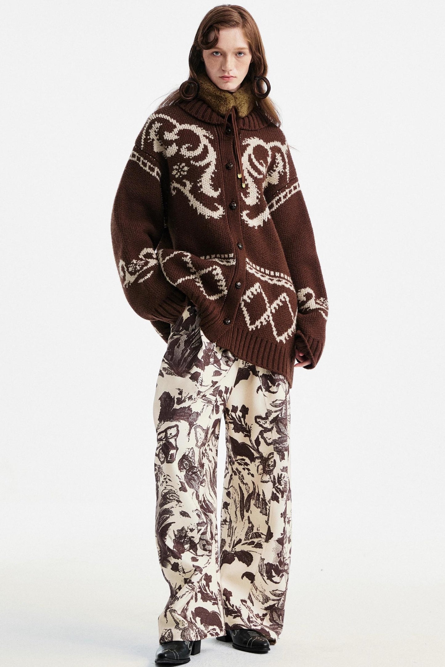 Beige Floral Scimitar Pants