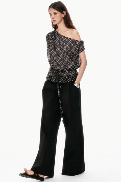 Plaid Asymmetrical Off-Shoulder Top