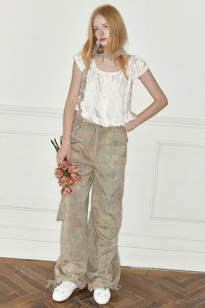 Distressed Camouflage Parachute Pants