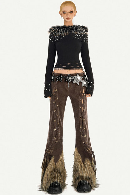 Retro Fur-Trim Corduroy Pants