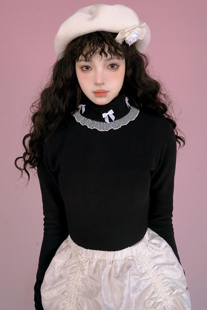 Solid Color Bow Lace Turtleneck Shirt