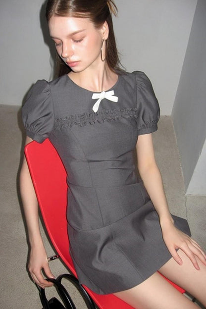 Detachable Bow Bubble Short Sleeve Dress
