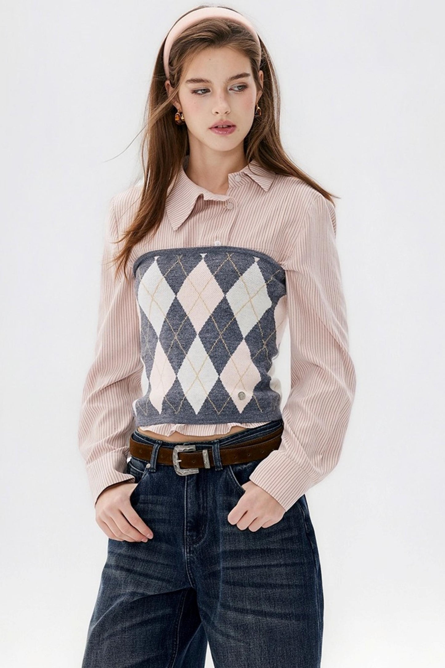 Striped Asymmetrical Slanted Placket Shirt Set-Up