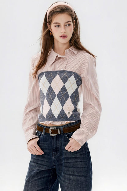 Striped Asymmetrical Slanted Placket Shirt Set-Up