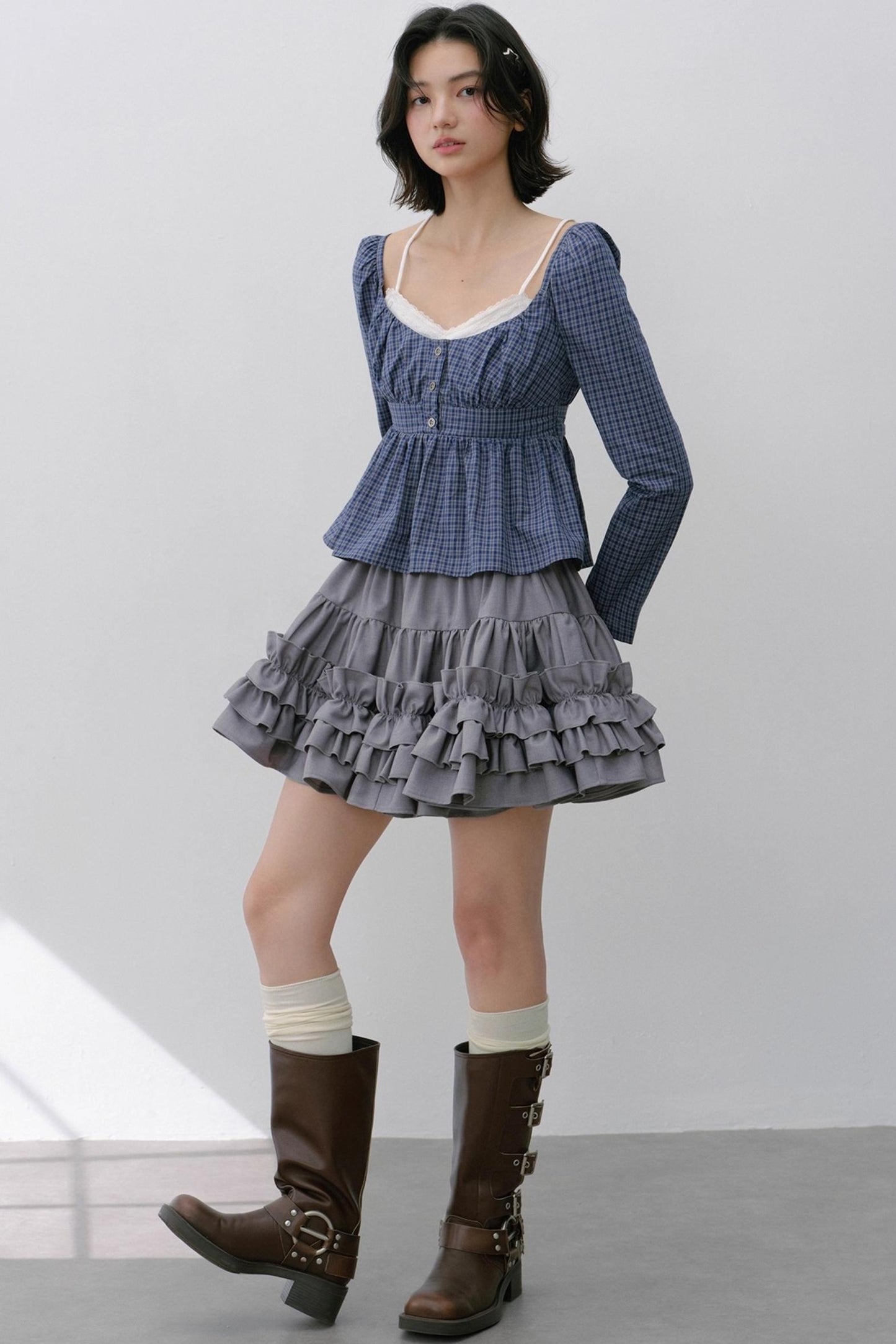 Vintage Navy Blue Check Cinched Shirt