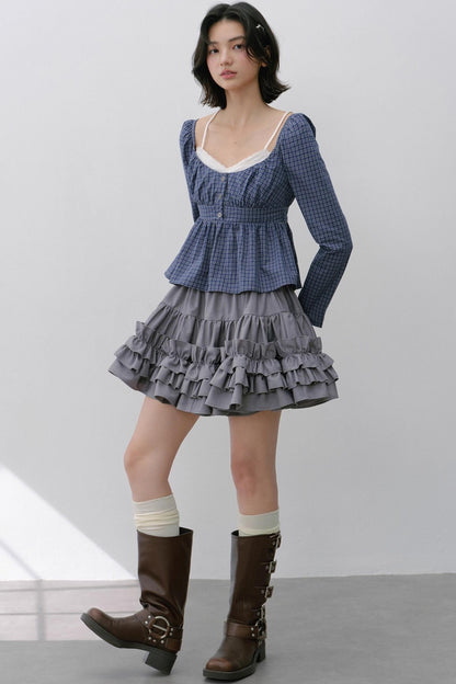 Vintage Navy Blue Check Cinched Shirt