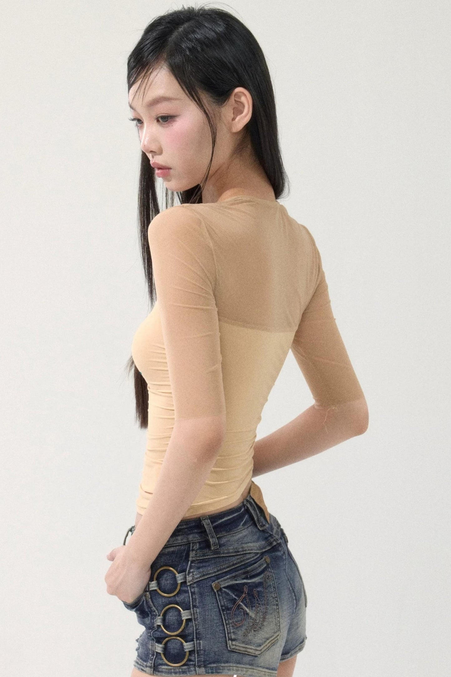 Mesh Splicing Rhinestone Top