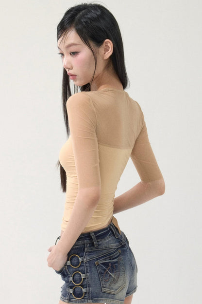 Mesh Splicing Rhinestone Top