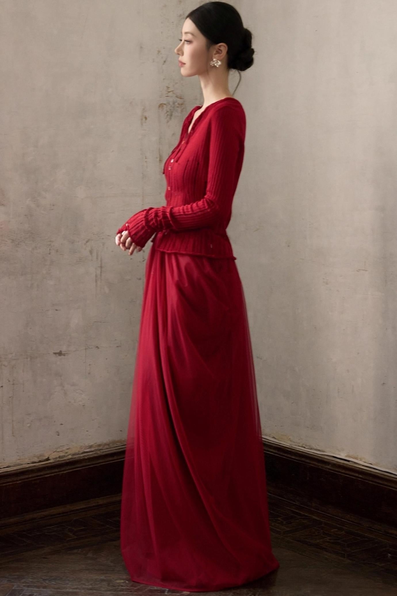 Autumn Red Knitted Cardigan