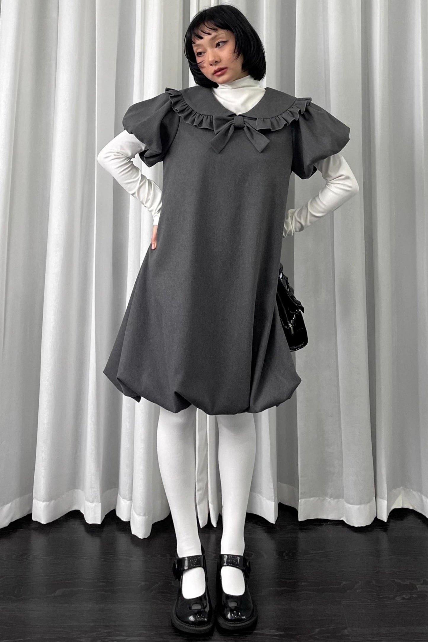 Gray Tweed Bow Lace Puff Sleeve Dress