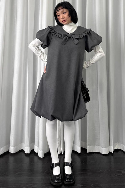 Gray Tweed Bow Lace Puff Sleeve Dress