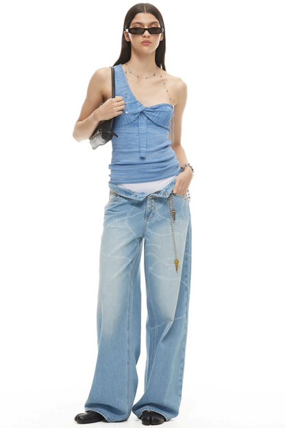 Wide-Leg Diamond Chain Jeans