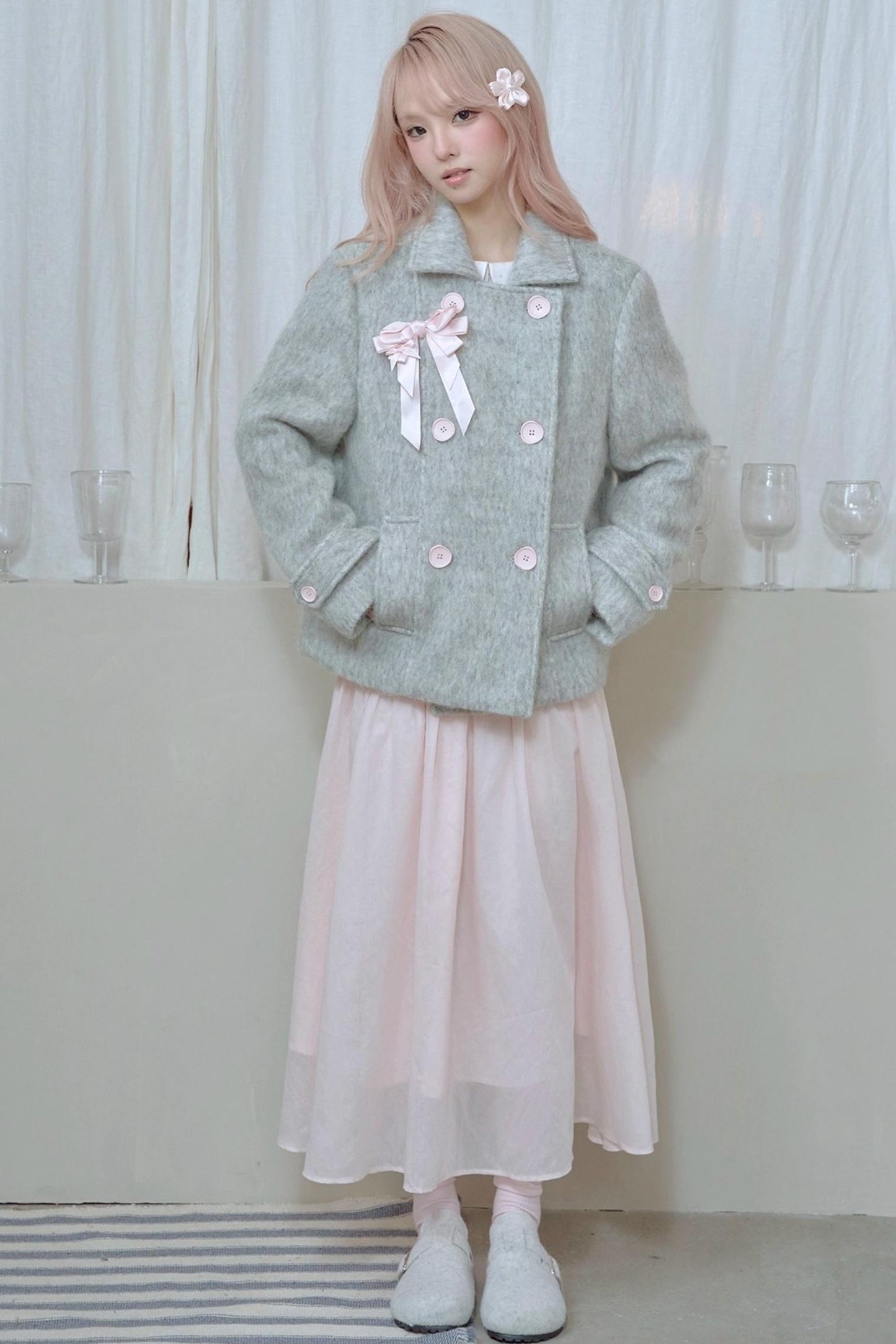 Light Grey Water Ripple Woolen Coat