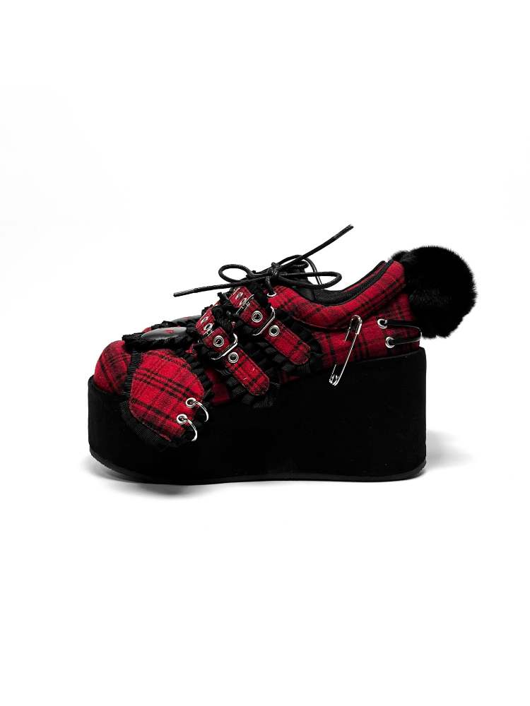 Y2K Black Rabbit Plaid Platform Shoes