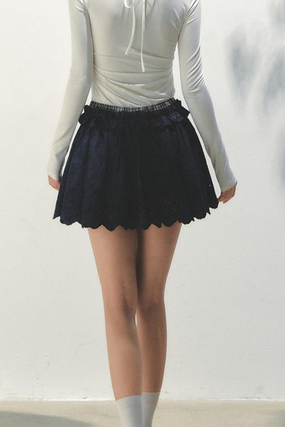 Navy Pleated Embroidered Skirt