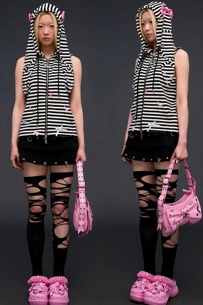 Rhinestone Bowknot Striped Vest