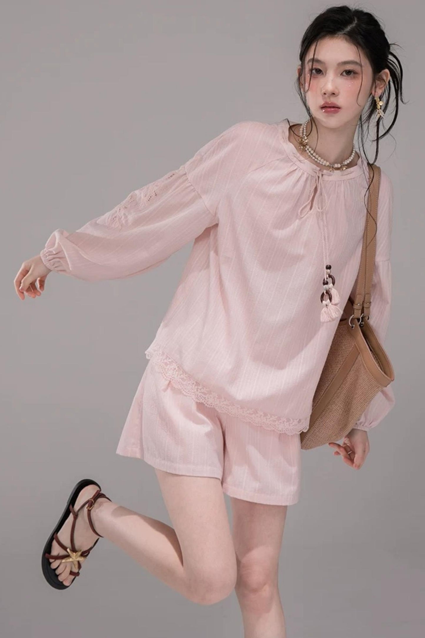 Cloud Peach Embroidered Striped Shirt Set-Up