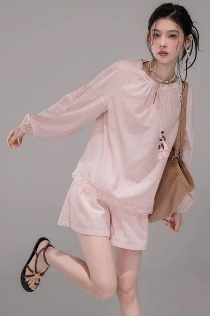 Cloud Peach Embroidered Striped Shirt Set-Up