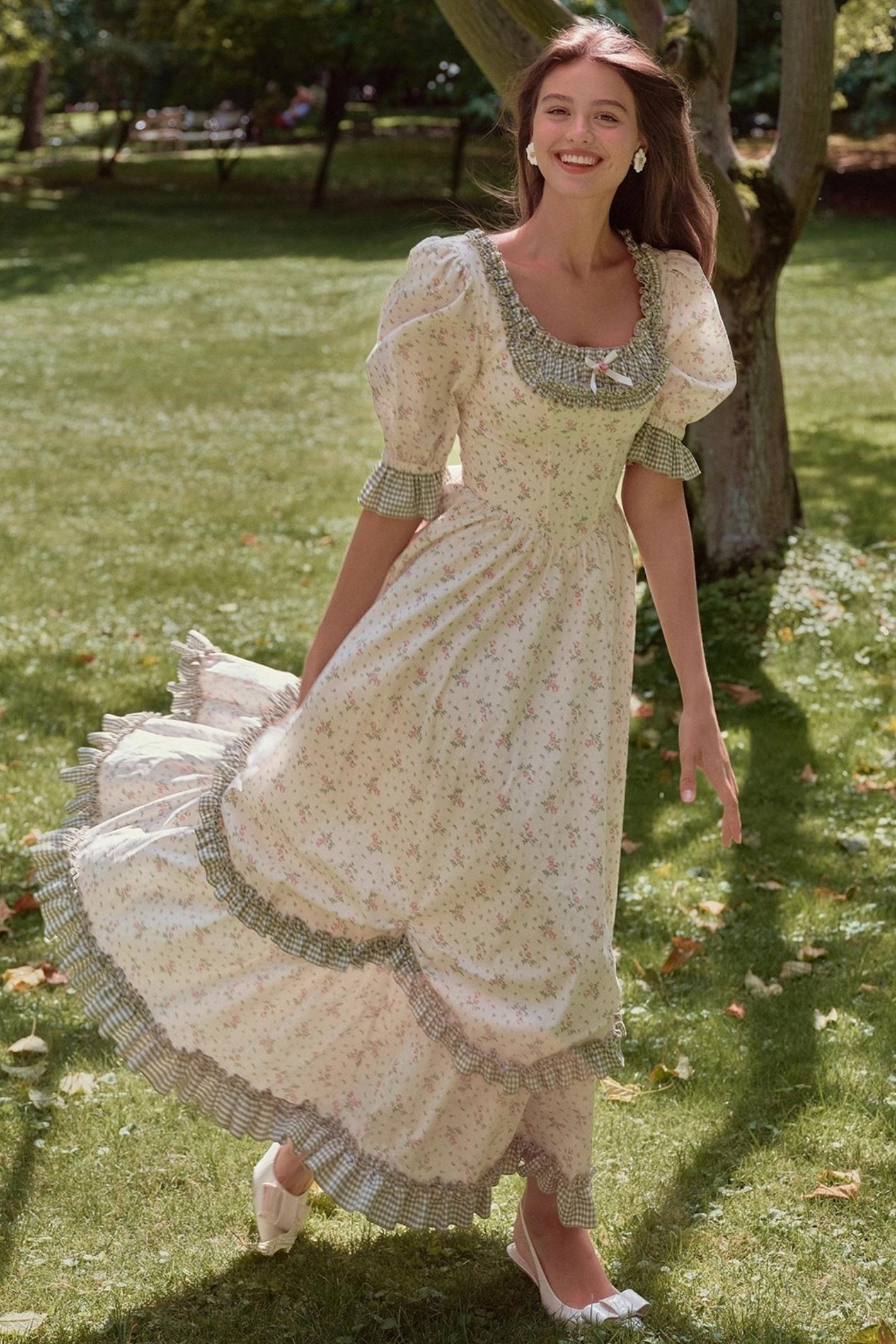 French Pastoral Style Floral Waist Dress