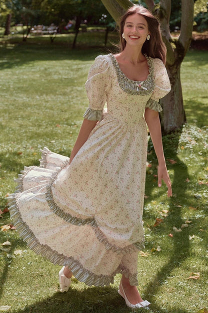 French Pastoral Style Floral Waist Dress