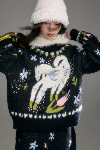 Animal Jacquard Wool Top & Skirt Set-Up