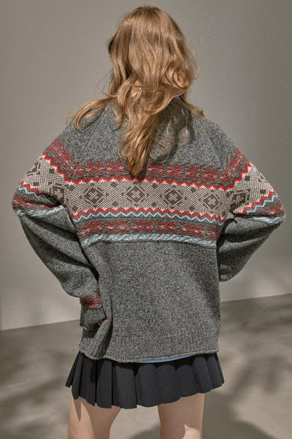 Fair Isle Knitted Gray Cardigan