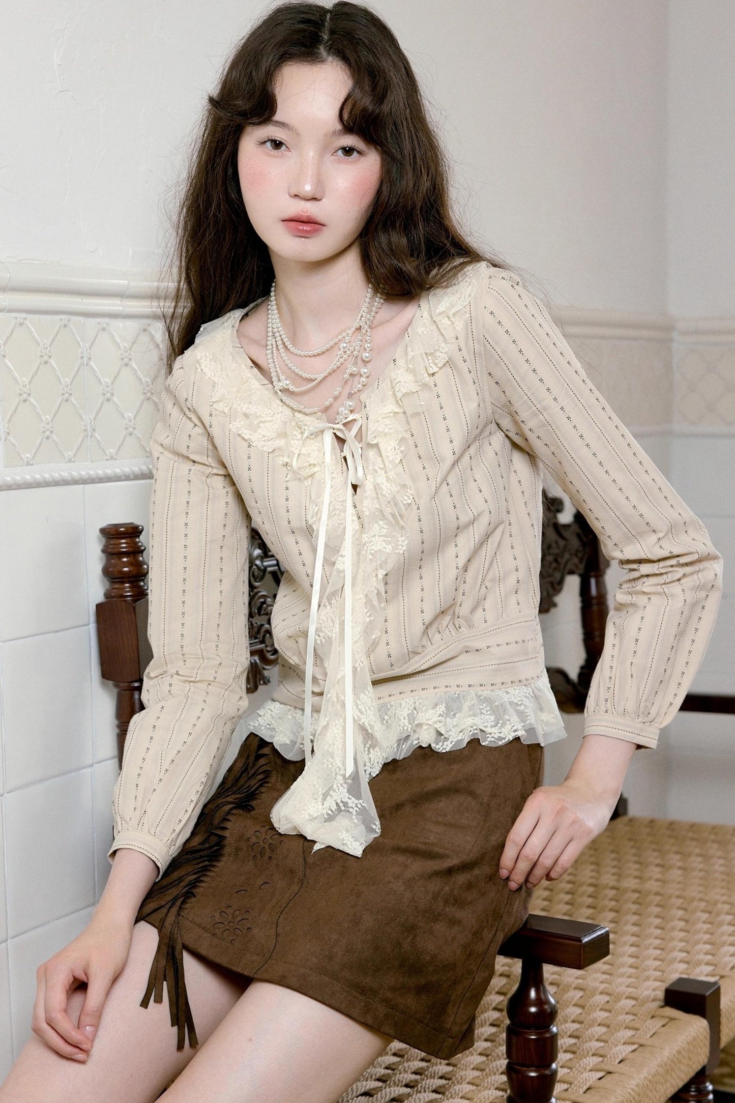 Vintage Coffee Openwork Fringed Suede A-Line Skirt