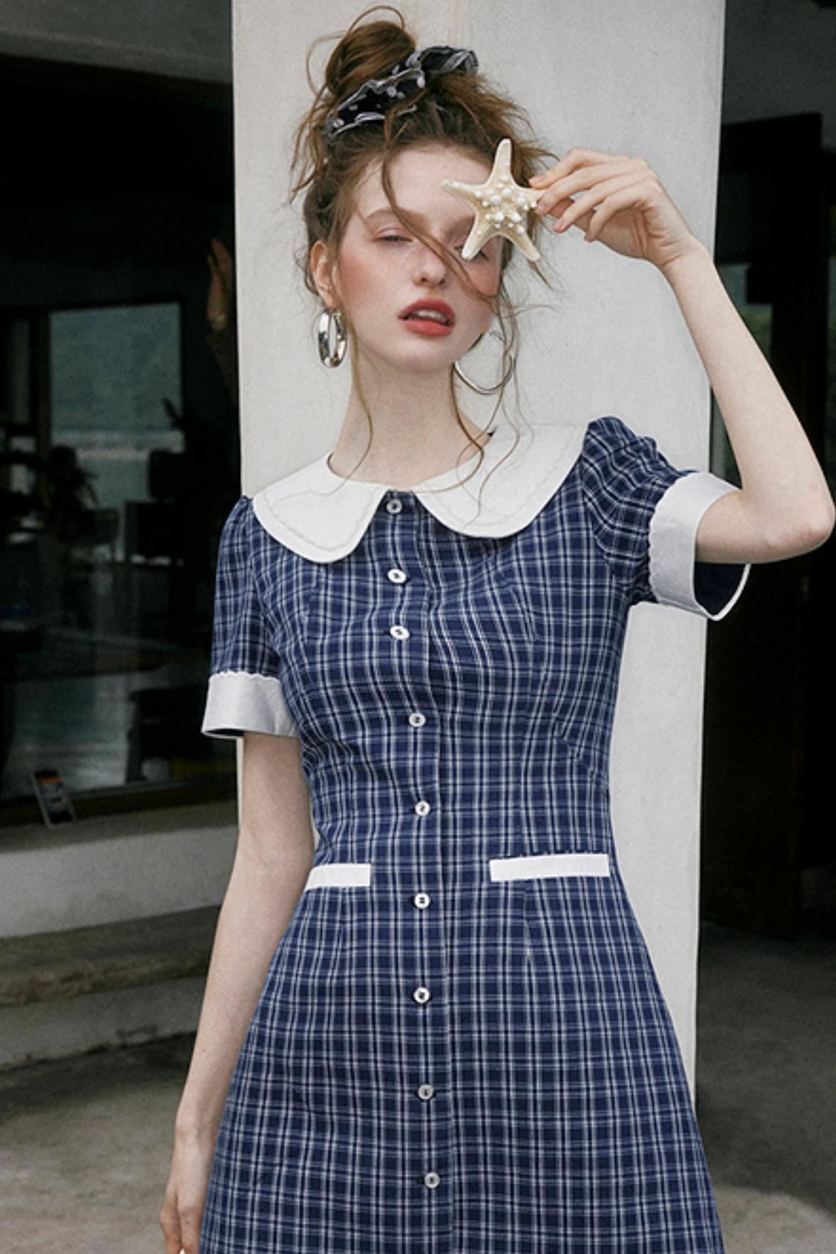 Navy A-Line Doll Neck Dress