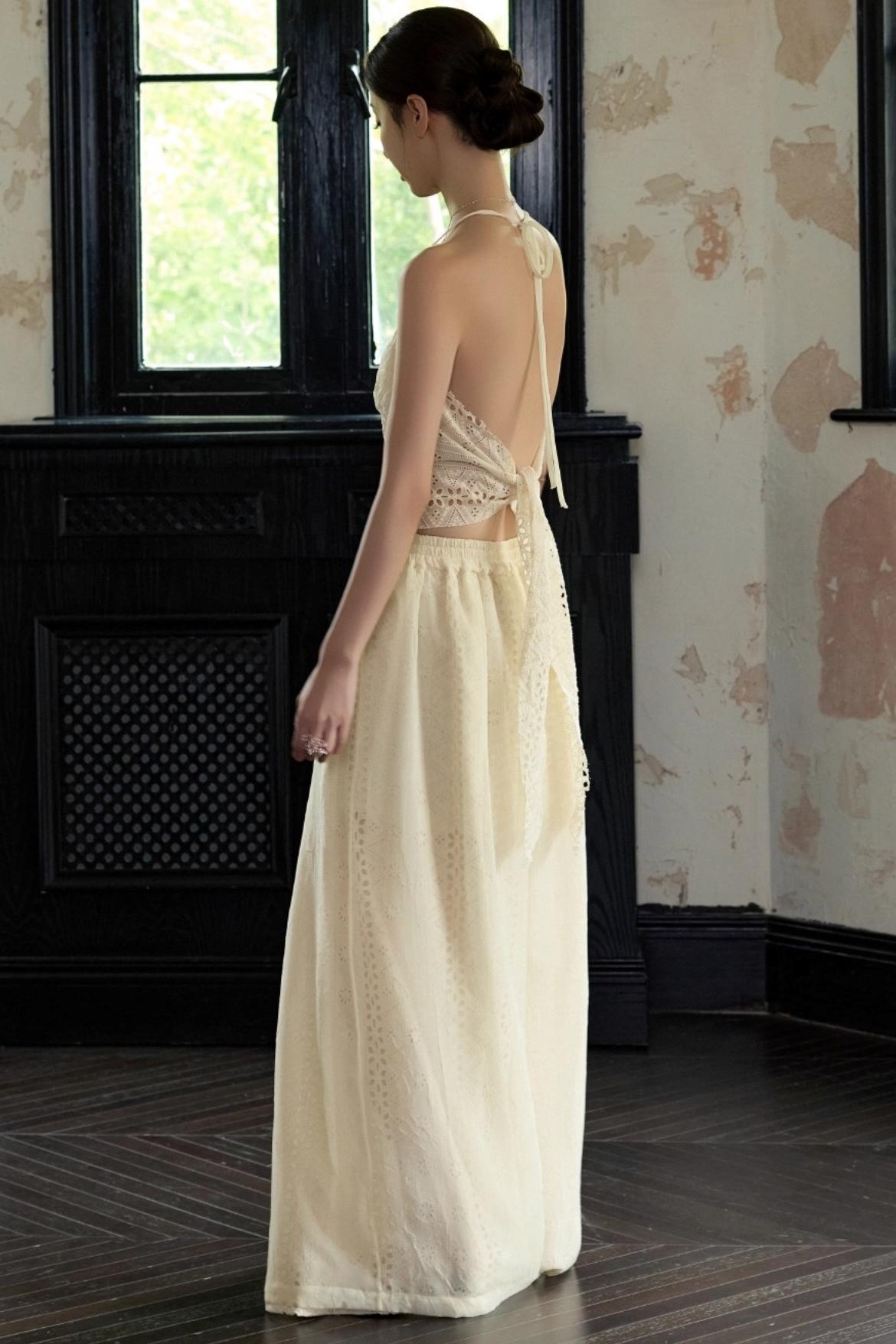 Romantic White Embroidered Halterneck Top