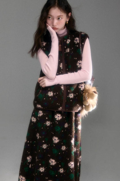 Floral Faux Lamb Wool Vest Jacket Set-Up