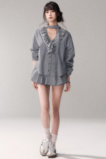 Blue Check Lace Blouse Set-Up