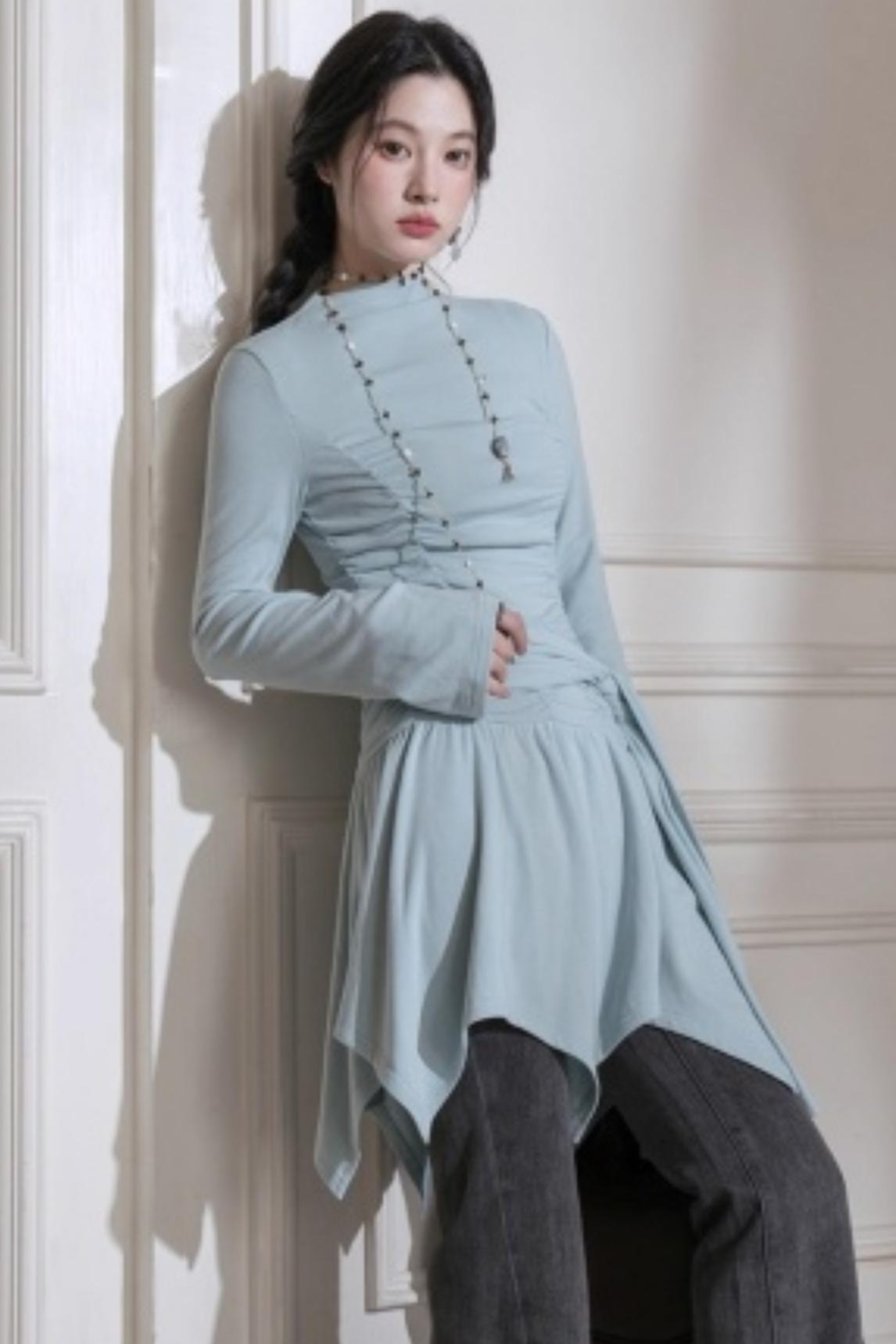 Pleated Turtleneck Dress