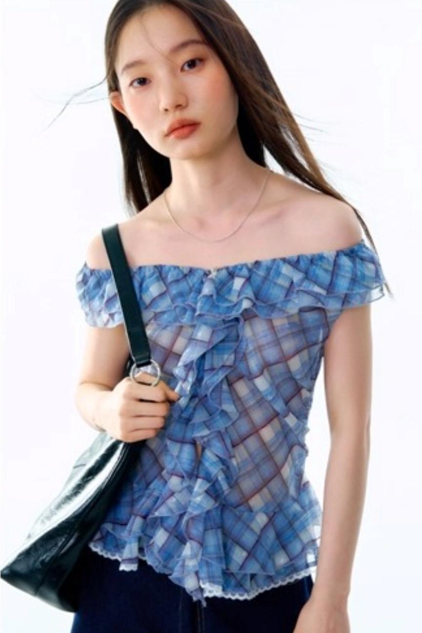 Plaid Ruffle V-Neck Top