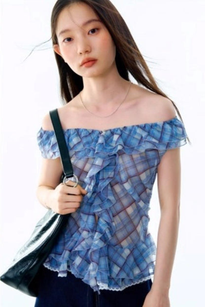 Plaid Ruffle V-Neck Top