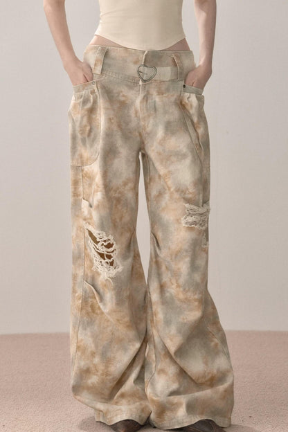Gradient Wide-Leg Ripped Pants