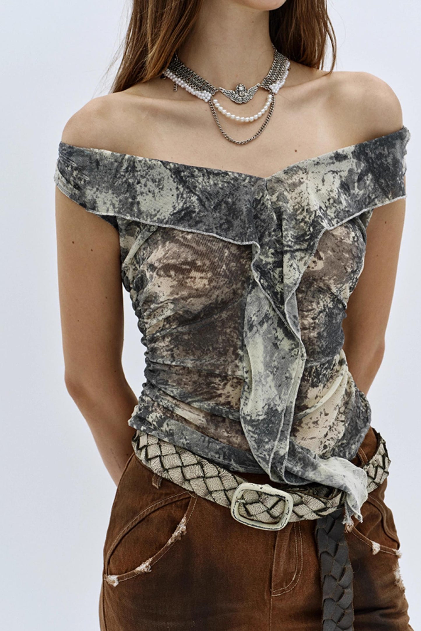 Splash Print Off-Shoulder Casual Top