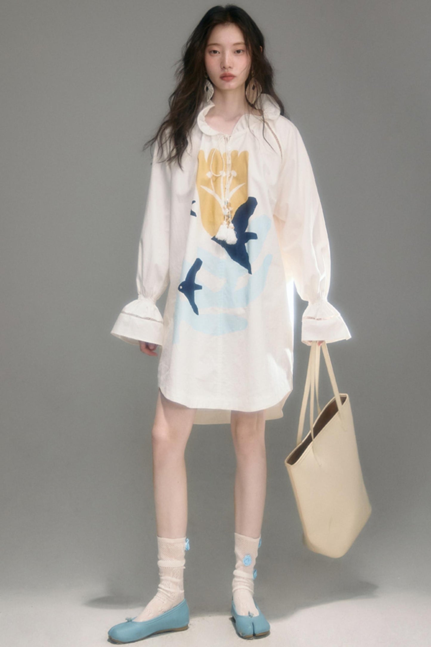 Tulip Bird Print Wood Ear Collar Long Top