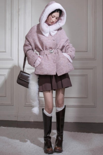 Cream Pink Quilted Woolen Coat