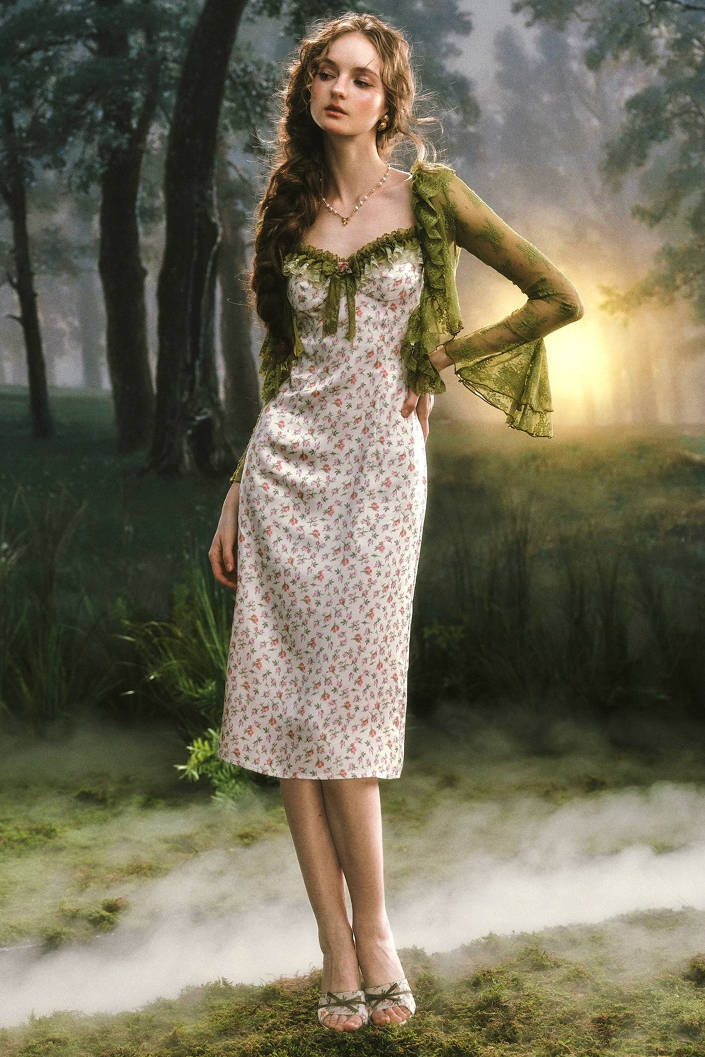 Printed Satin Dress Lace Set-Up
