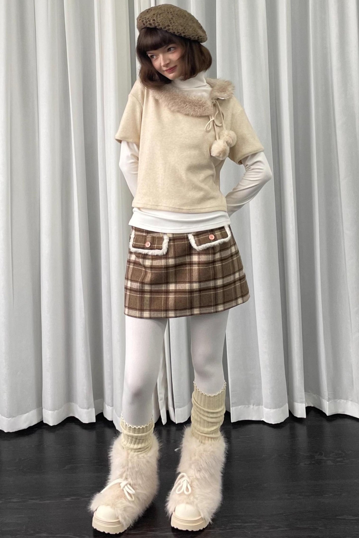 Beige Fur Collar Layered Top