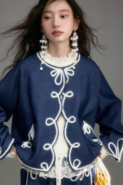 Vintage Embroidery Denim Cardigan Pants Set-Up