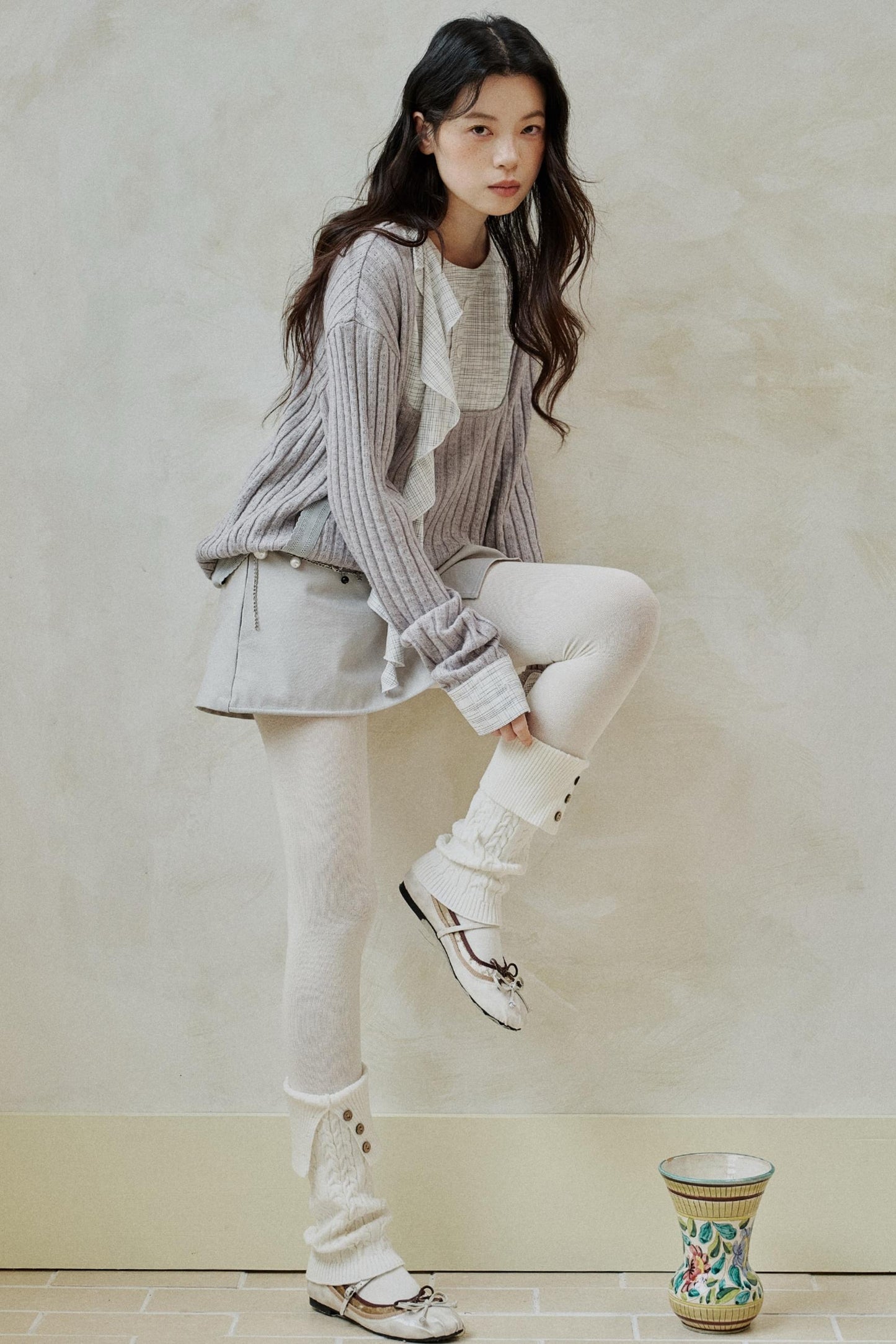 Gray Patchwork Ruffled Knitted Top