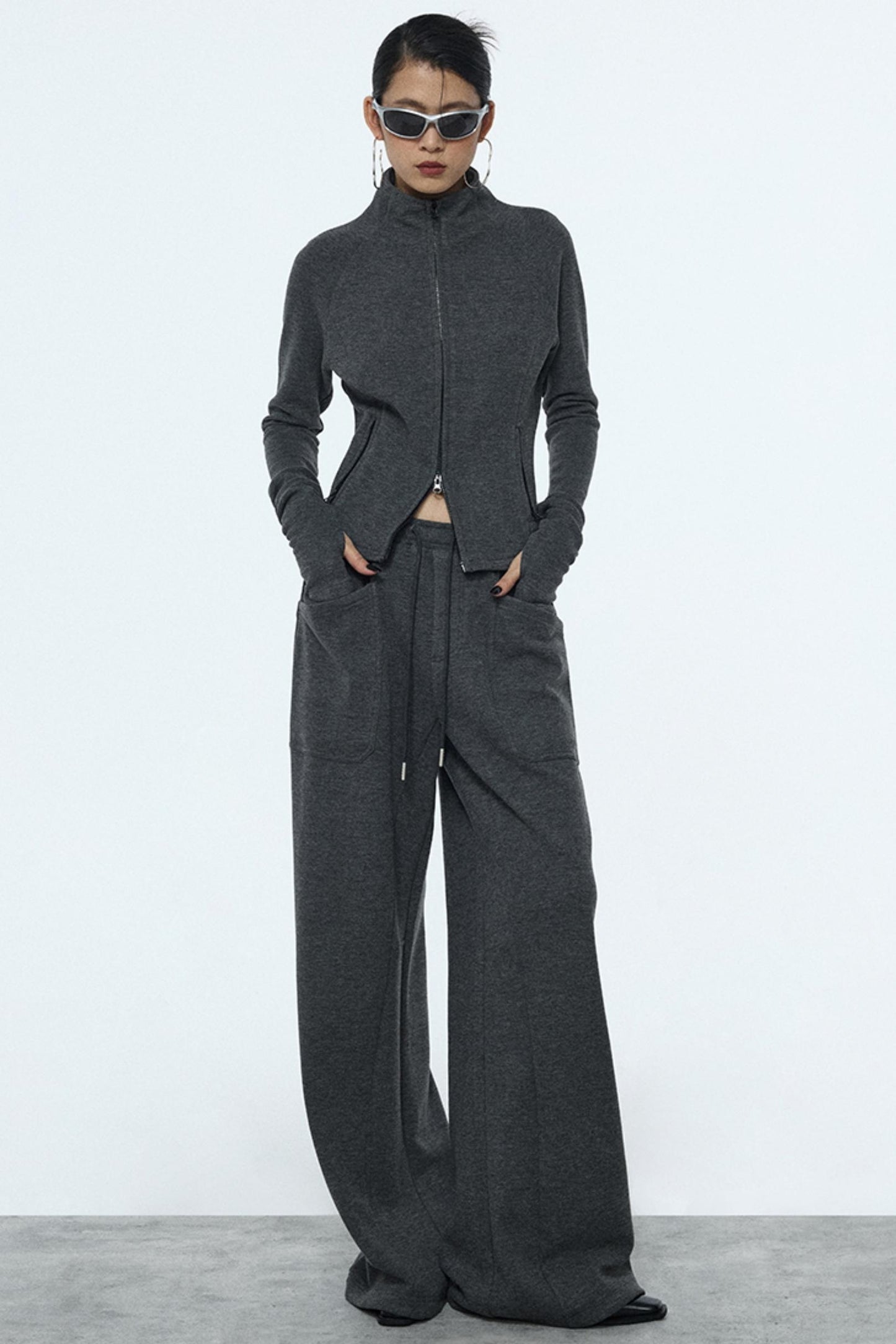Gray Zipper Slim-Fit Top & Pants Set-Up