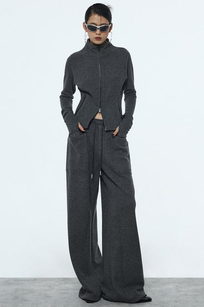 Gray Zipper Slim-Fit Top & Pants Set-Up