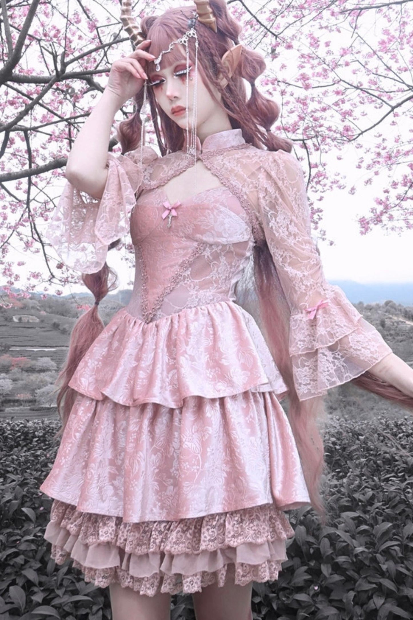 Gothic Lotus Root Pink Strap Dress Set-Up