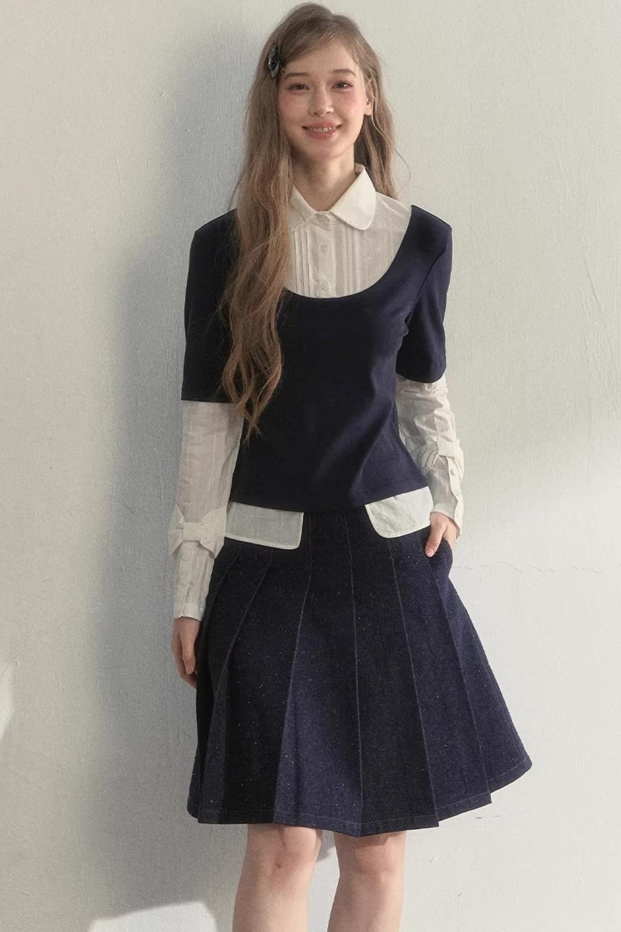 Retro Navy Faux Two-Piece Top