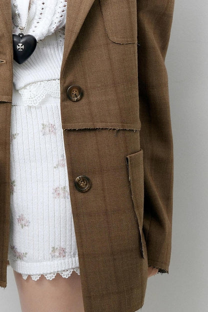 Brown Check Raw Edge Blazer