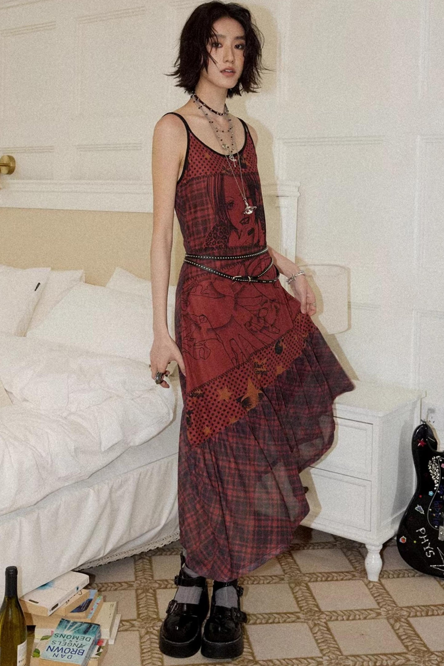 Red Printed Strap Dress