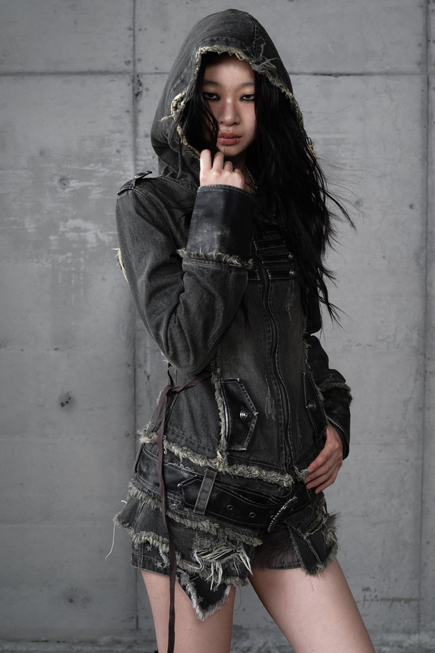 Distressed Denim Slim Fit Hooded Coat