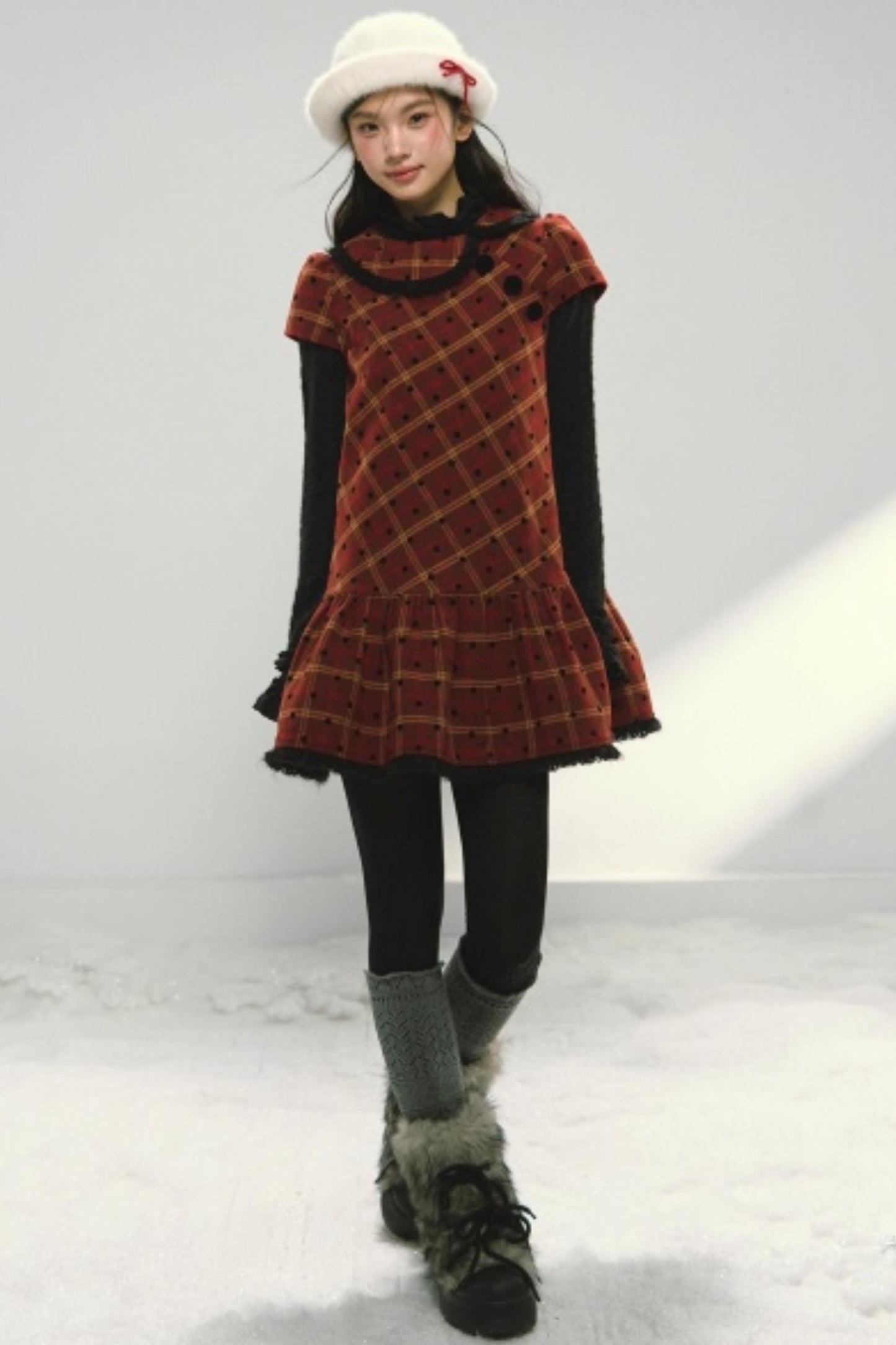 Christmas Plaid Tweed A-Line Dress Set-Up